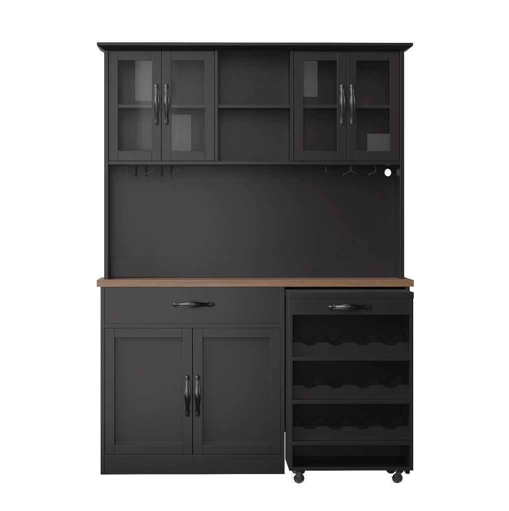 Credenza 140x38x180 cm con carrello estraibile e illuminazione LED dimmerabile; MDF nera