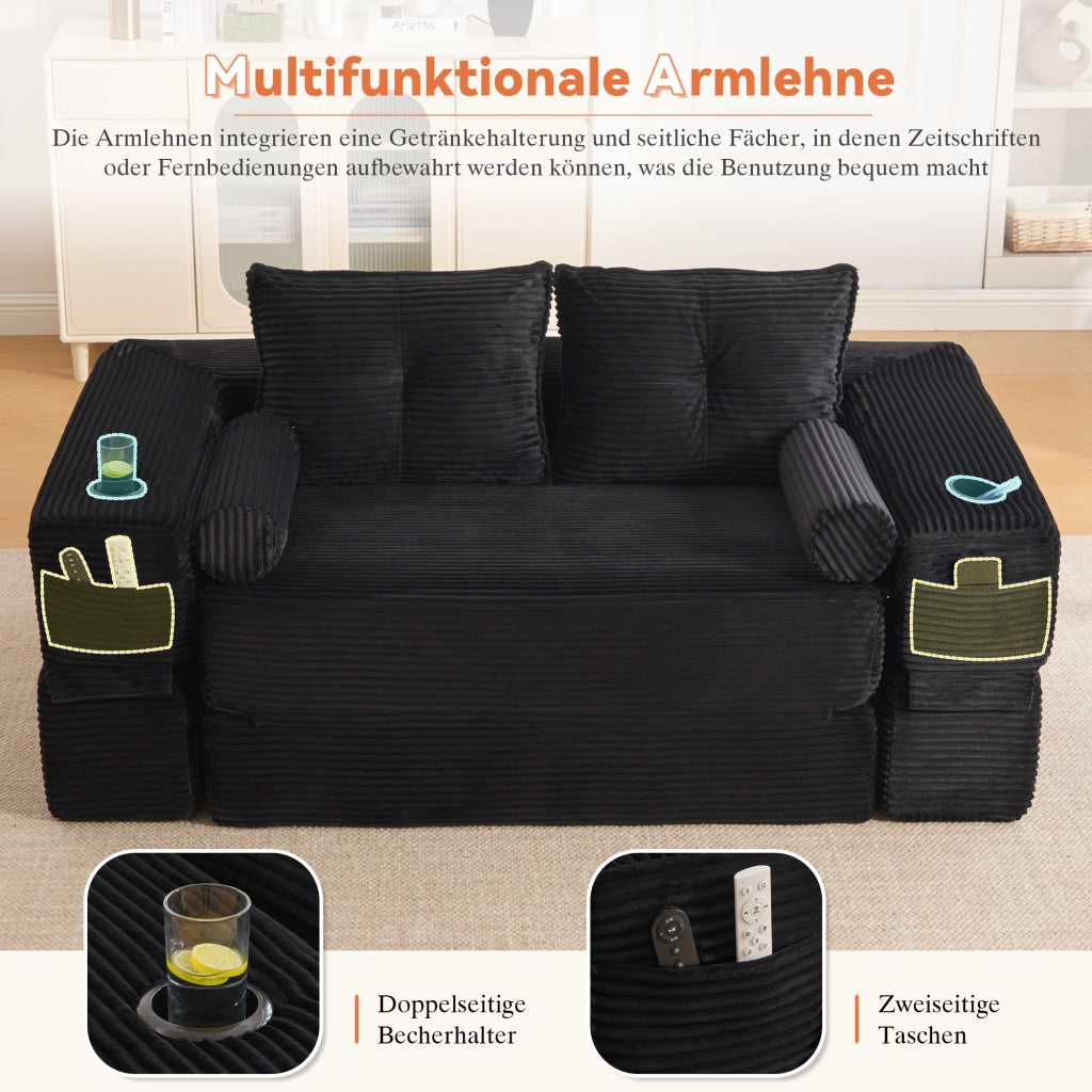 Divano convertibile 2 posti in corduroy con cuscini memory, tasche laterali e portabicchieri nero