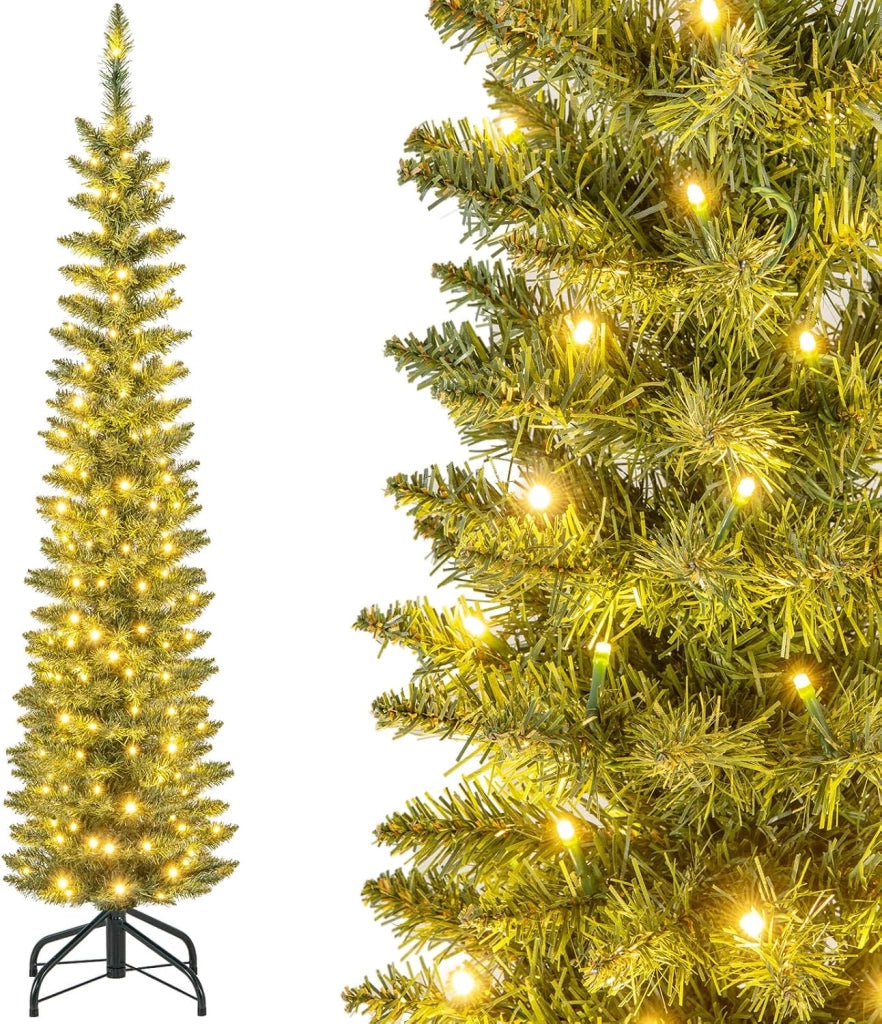 Albero di Natale Slim da 150/180/210 CM, Albero di Natale Artificiale con 150/180/200 Luci LED Bianche Calde, 296/390/499 Punte di Ramo e Supporto Pieghevole in Metallo (210 cm)