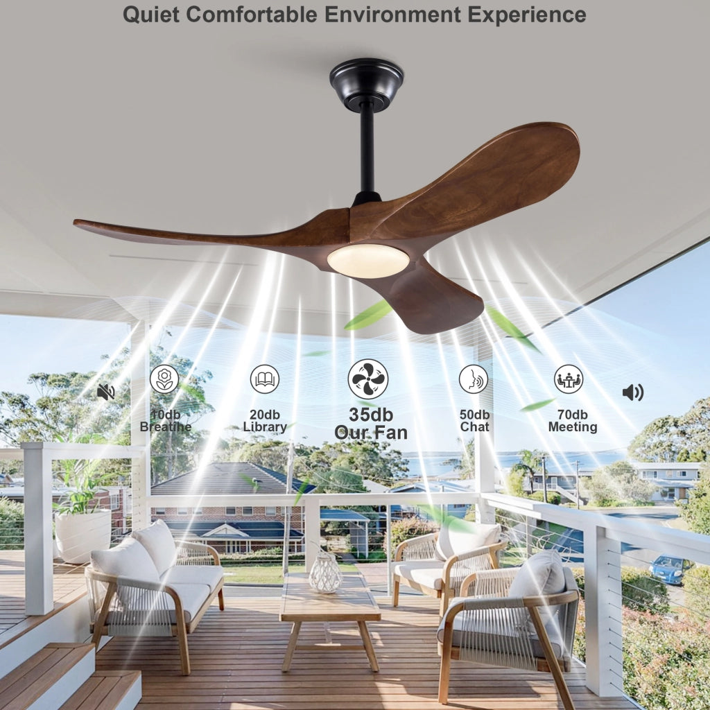 Ventilatore da soffitto 42 pollici con luce, 3 pale legno massello, 3CCT, motore DC silenzioso reversibile, telecomando, moderno