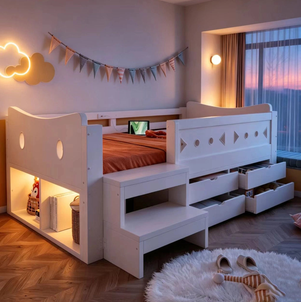 Letto singolo per bambini 90x200 cm con 4 cassetti; LED; USB e Type-C; bianco