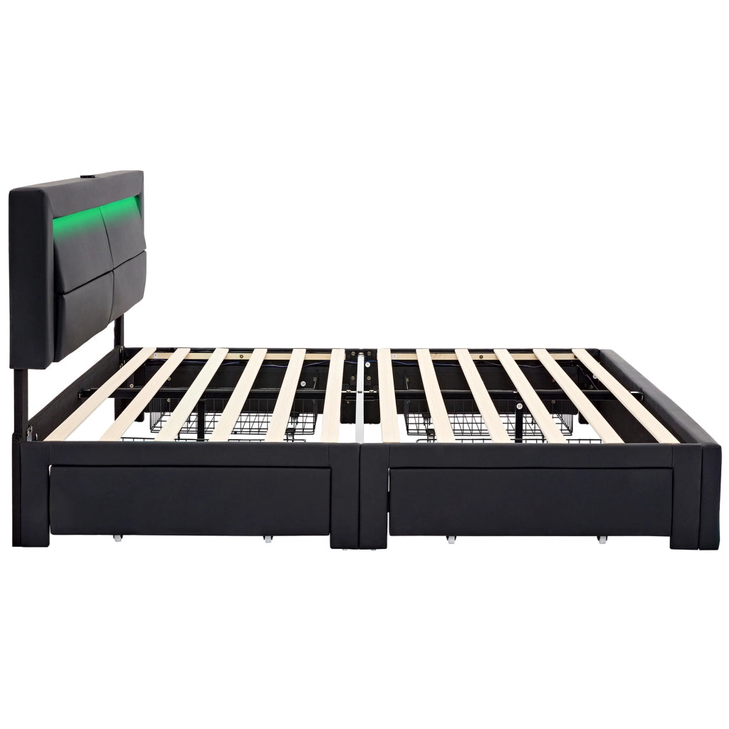 Letto Contenitore 140 x 200 cm; USB; LED e 4 Cassetti in PU Nero