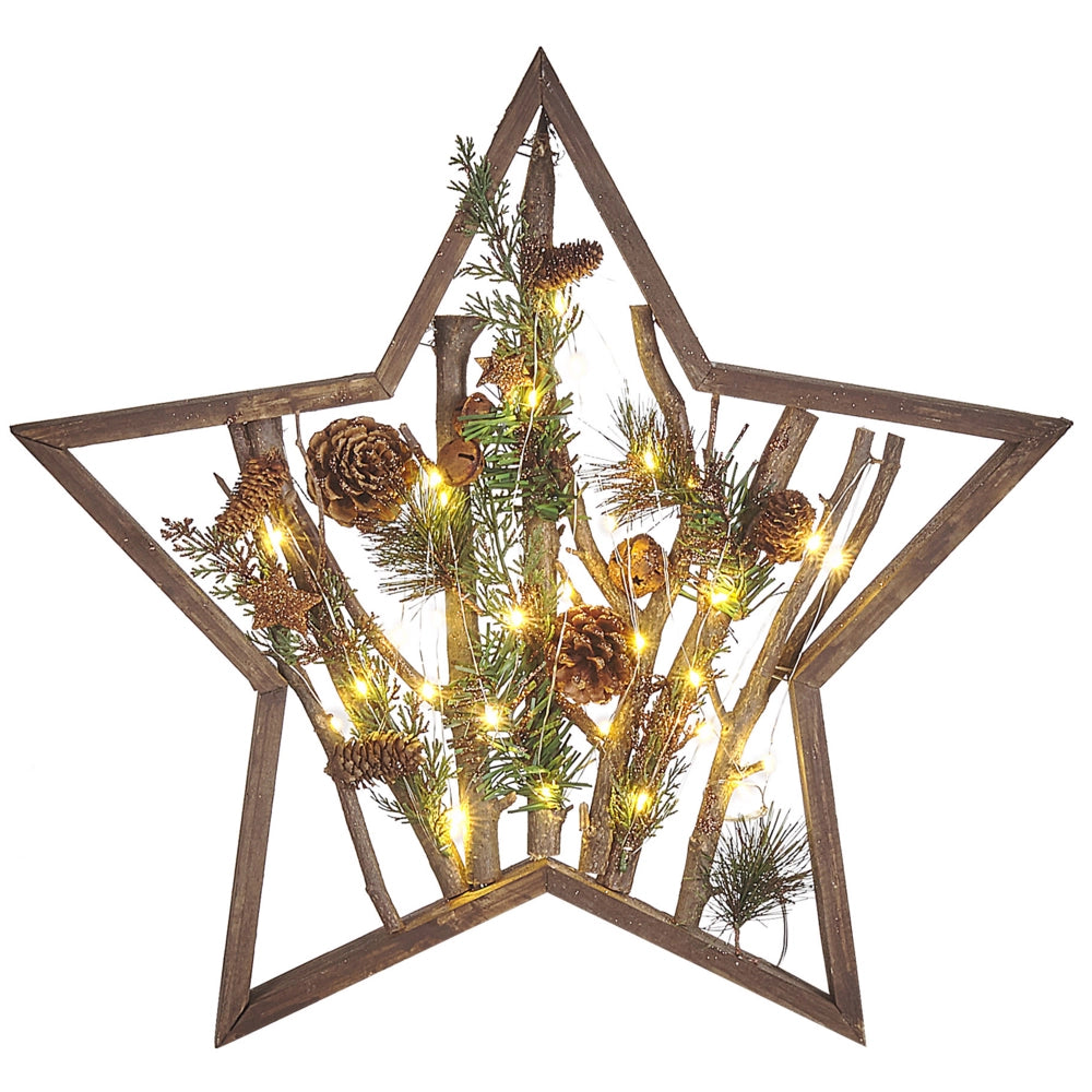 Figura decorativa legno stella di natale LED 46 cm con pigne legno scuro design rustico boho