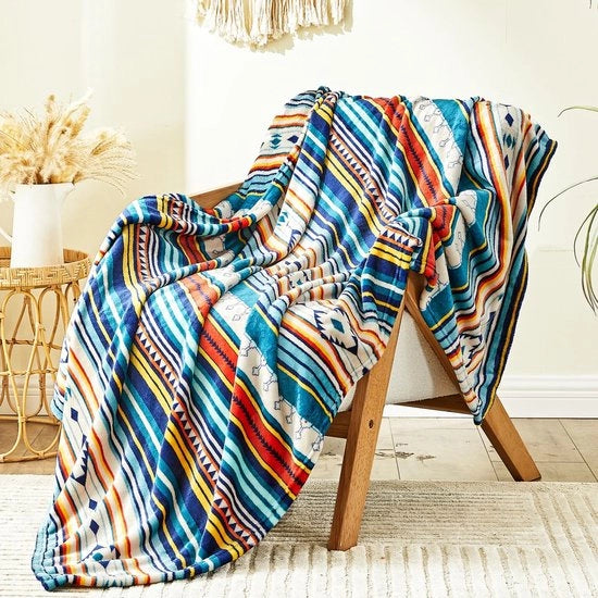 Fleece Deken Ultra Zacht - 150 x 200 cm - Boho Plaid - Deken a Strisce Blu - Leggero - Materiale Flanello