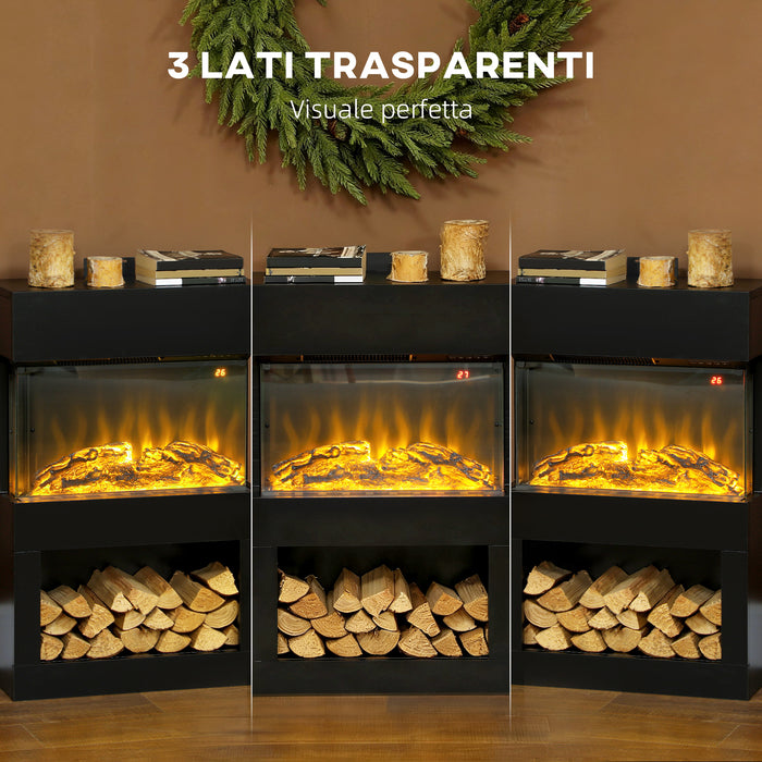 Camino Elettrico da Pavimento con Effetto Fiamma 3D Colorata 1000W/2000W con Temperatura Regolabile e Telecomando Nero