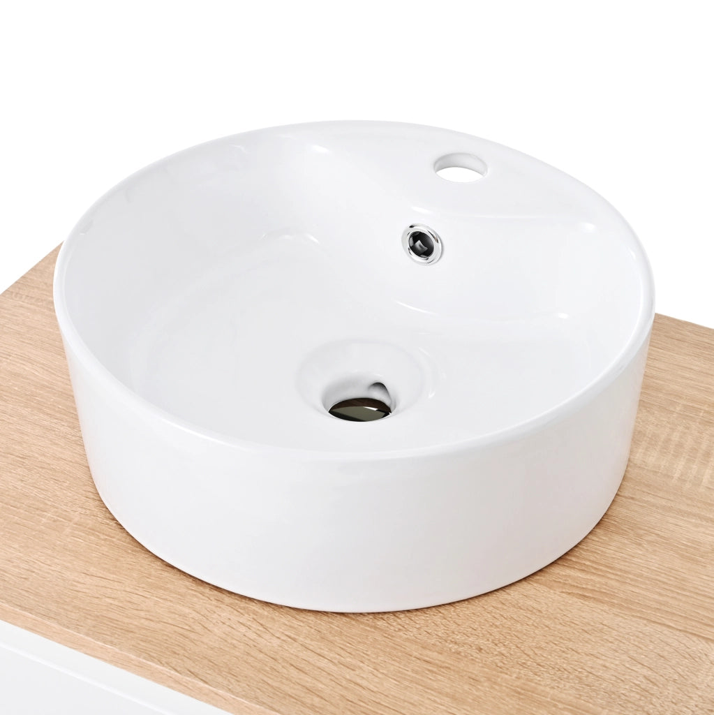 Mobile bagno freestanding con lavandino in ceramica rotondo; 60x45x91 cm; bianco e naturale