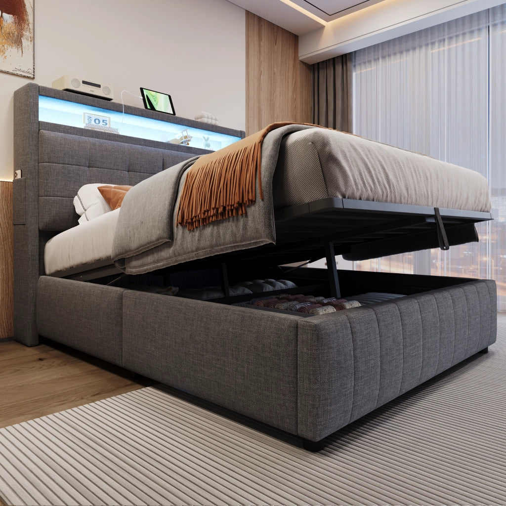 OKWISH Letto Contenitore 140×200 cm, Letto Matrimoniale con LED Regolabile, USB, Mensole e Contenitore Idraulico, senza Materasso, in Tessuto Grigio