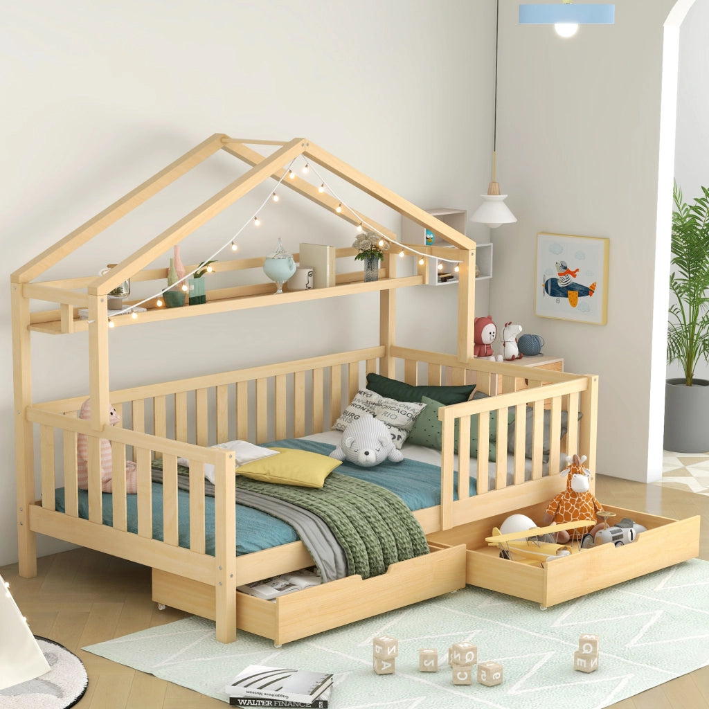 Letto Casetta Singolo 90x200 cm; con Cassetti; Mensola e Sponda in Legno Naturale