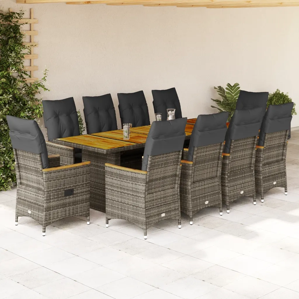 vidaXL Set Bistrò da Giardino 11 pz con Cuscini in Polyrattan Grigio