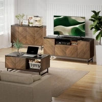 Mobile TV con 4 ante, piano effetto marmo, mensole regolabili, 120x39x76cm, Nocciola