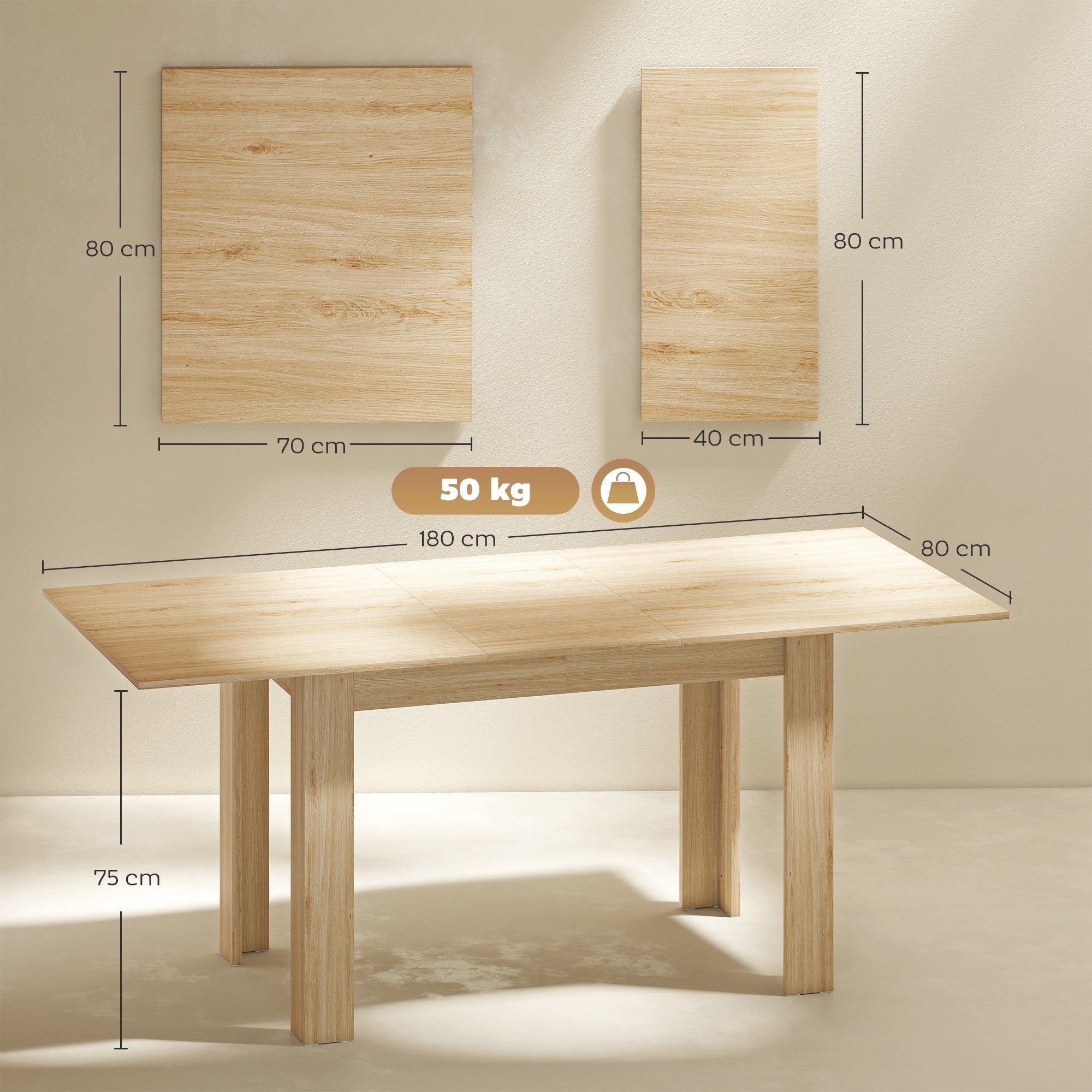 Tavolo Allungabile da Pranzo 140-180x80x75 cm per 6-8 Persone in MDF Color Legno