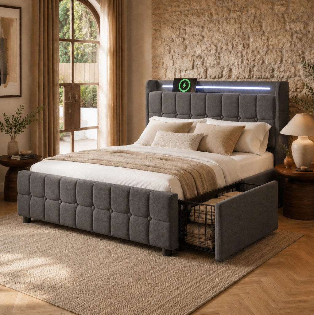 Letto imbottito 140x200 cm grigio con LED, prese USB e 4 cassetti