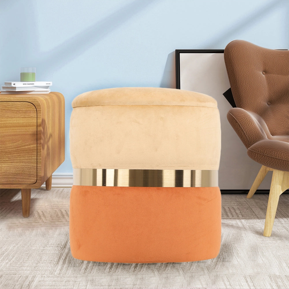 Pouf Contenitore in Velluto 42x37 cm Poggiapiedi Capiente Beige e Terra di Siena