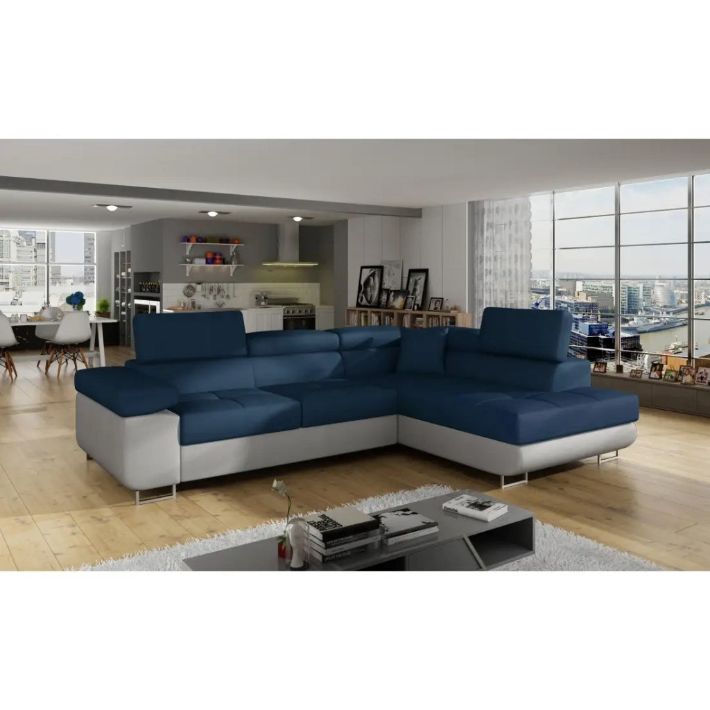 Divano ad angolo convertibile MENTON blu oceano e bianco – Angolo destro con contenitore