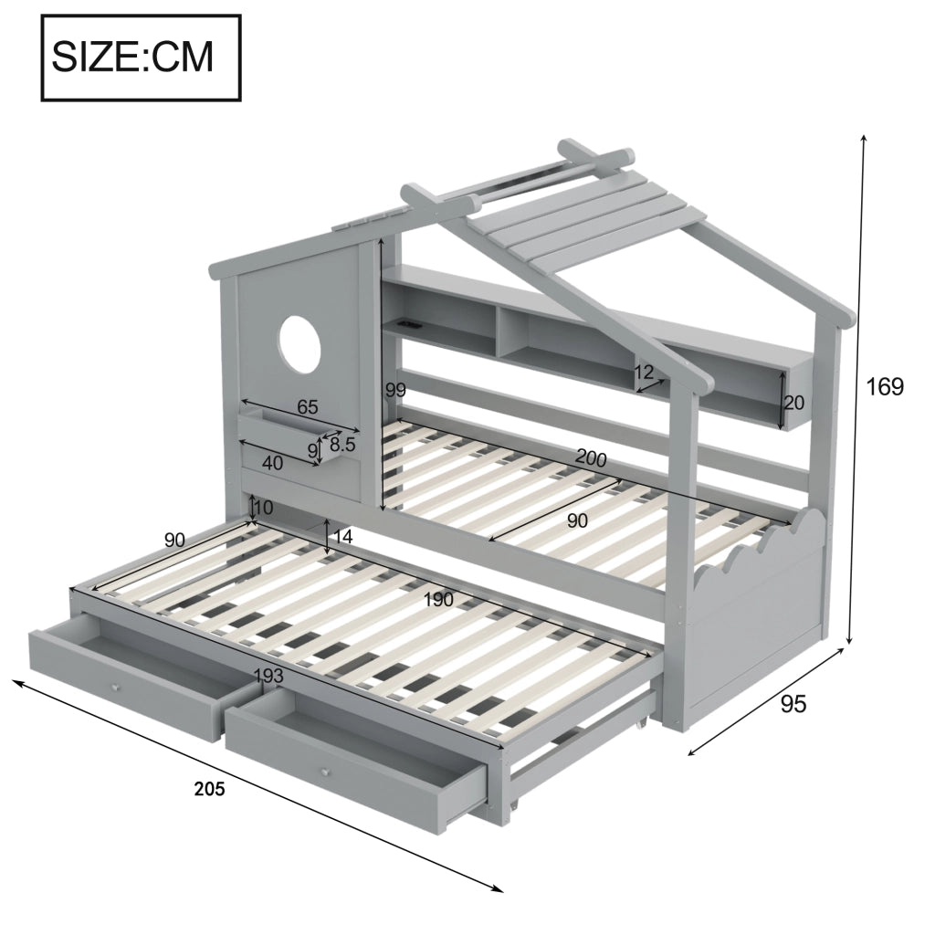 Letto Singolo con Letto Estraibile e LED ¨C MINIMAL ¨C Grigio, 90x200, con Cassetti e USB