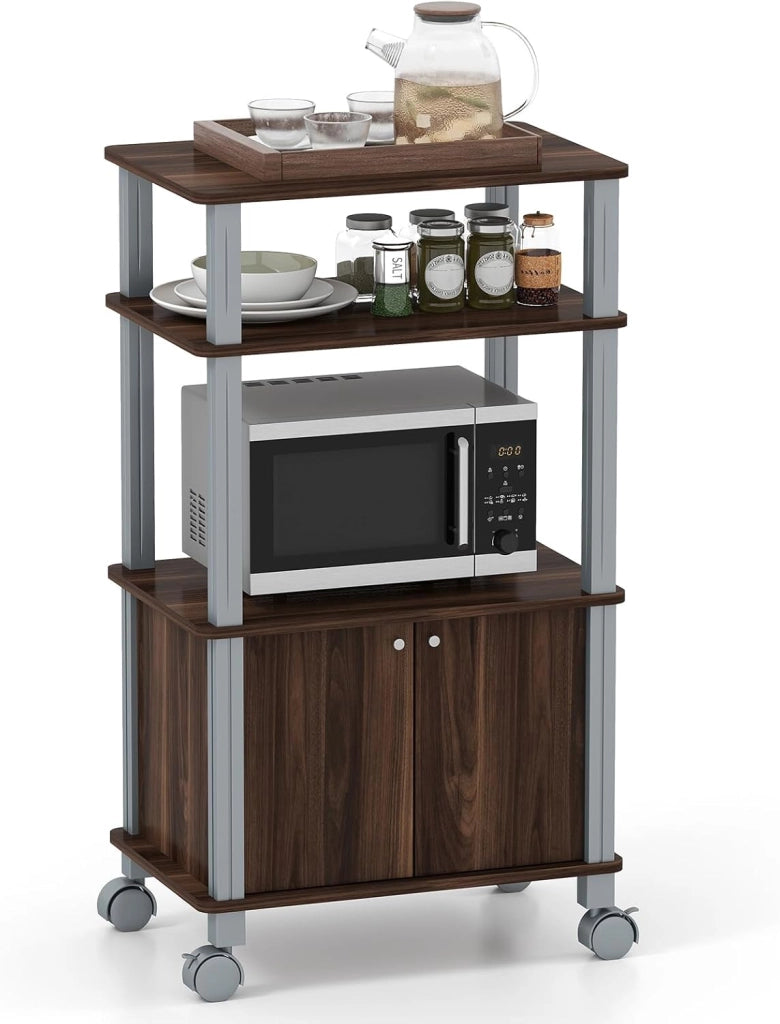 Scaffale da Cucina per Microonde Carrello, con Ruote e 2 Ante, Multifunzionale e Movimento Flessibile, 60x40x98 cm MDF, plastica (Nero)