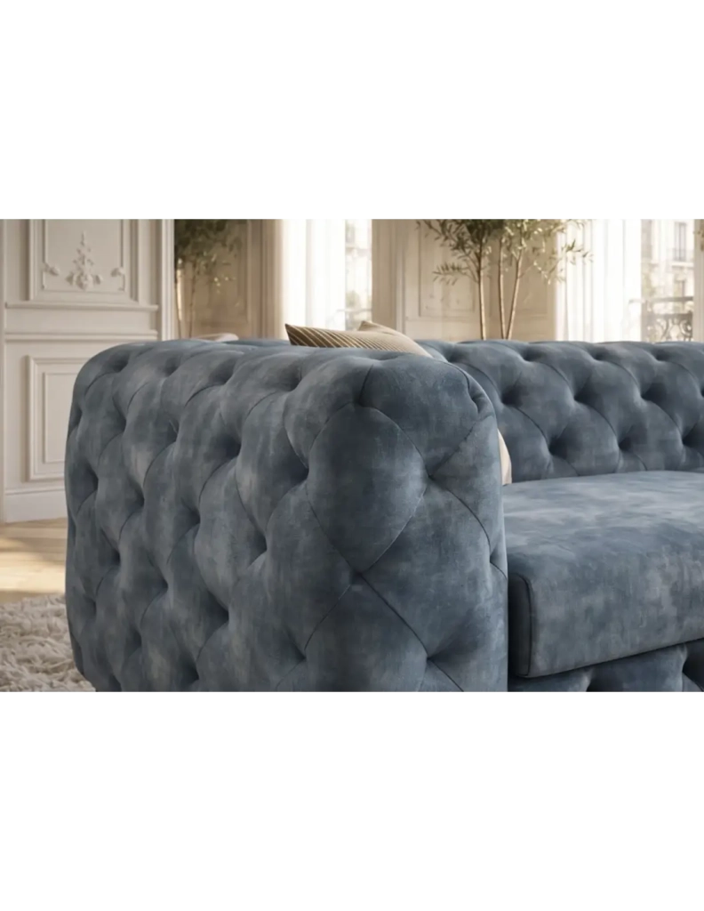Divano ad angolo VELENA 4 posti con pouf - Velluto blu trapuntato - 235 x 74 x 157 cm