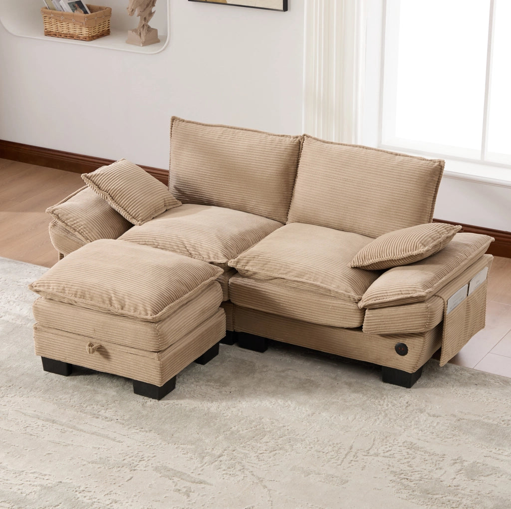 Divano 2 posti con pouf contenitore; USB-C; tessuto corduroy khaki; 190 cm