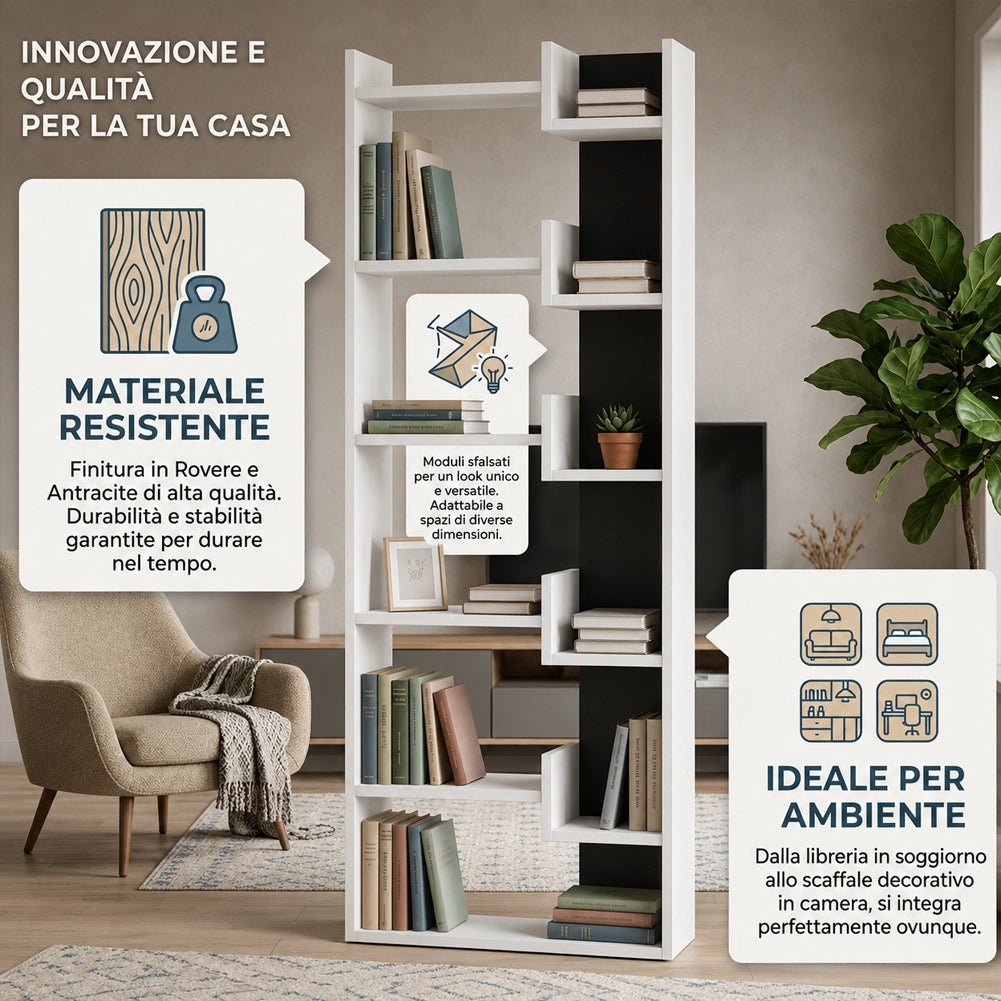 Libreria a 6 Ripiani 60,5x22x162,5 cm Scaffalatura Verticale Moderna Bianco e Antracite