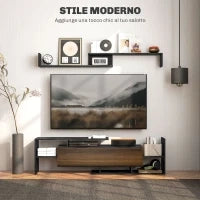 Mobile TV con Mensola a Muro, Ripiani Aperti e Armadietto in Legno, Nero e Marrone