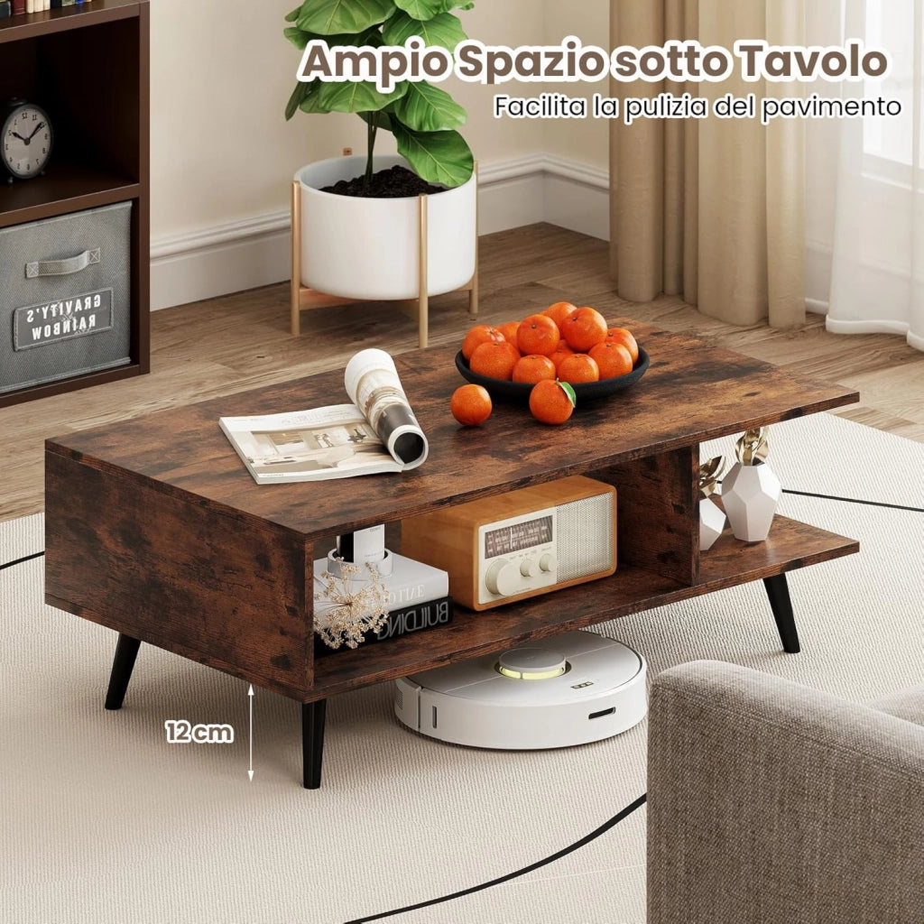 Tavolino da Caffè a 2 Livelli, Tavolino Moderno con Gambe in Metallo e Ripiano, Tavolo Centrale Rettangolare per Soggiorno, Studio e Ufficio (Marrone)