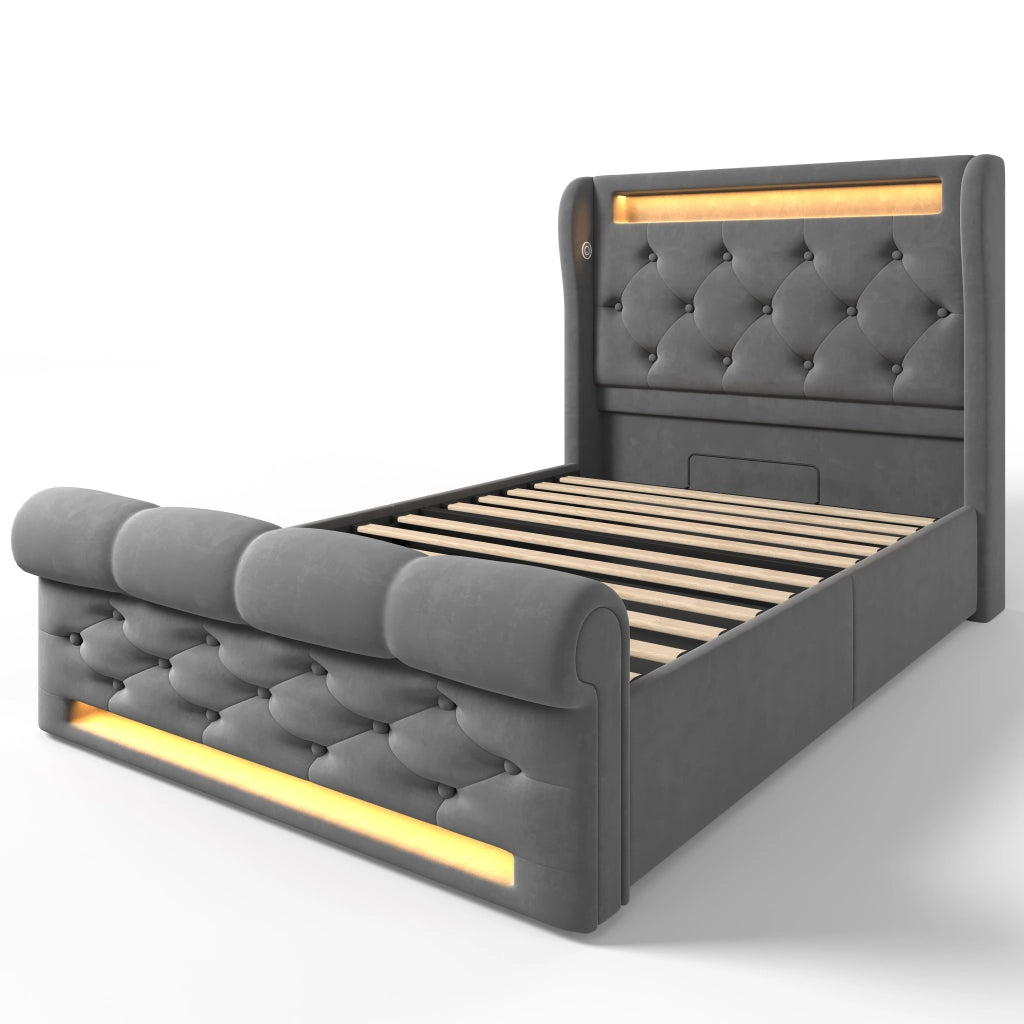 Letto imbottito singolo 90x200 cm con LED, USB Type C, contenitore idraulico e materasso incluso, grigio