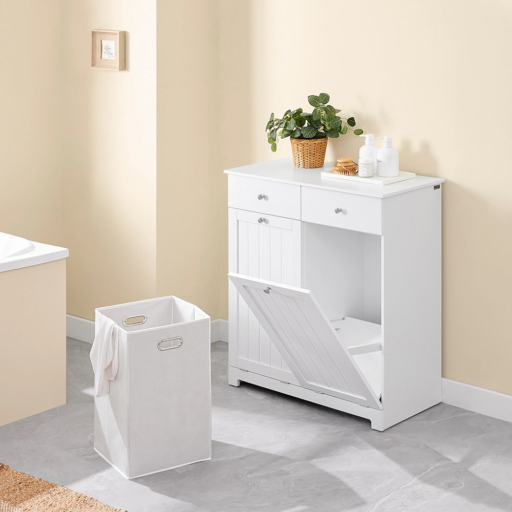 SoBuy Mobiletto bagno con portabiancheria - Mobile bagno salvaspazio con 2 cassetti e 2 sacchi estraibili - Mobiletto lavanderia per ingresso o cucina in Legna, Bianco, 78 x 38 x 90 cm, BZR33-II-W
