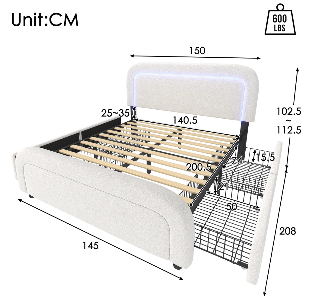 Letto imbottito 140x200 cm in Sherpa bianco con LED, USB/Type-C e 4 cassetti