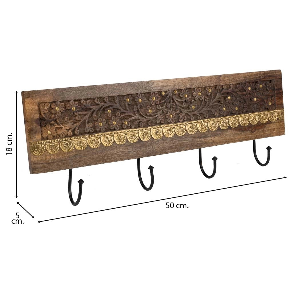 Portabito in legno con 4 ganci marrone 50x5x18h
