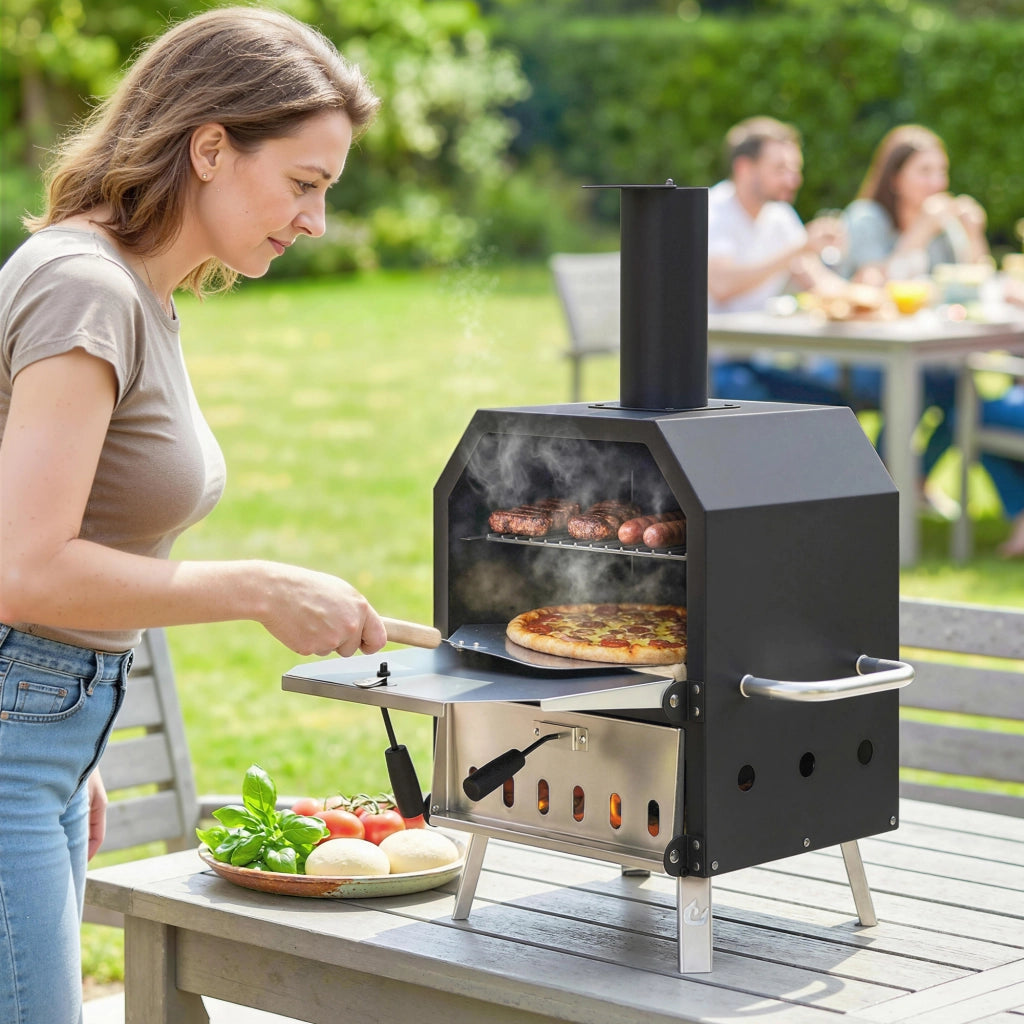 Barbecue a legna e carbone 2 livelli con pietra refrattaria e paletta ¨C zephmum ¨C nero 30 cm