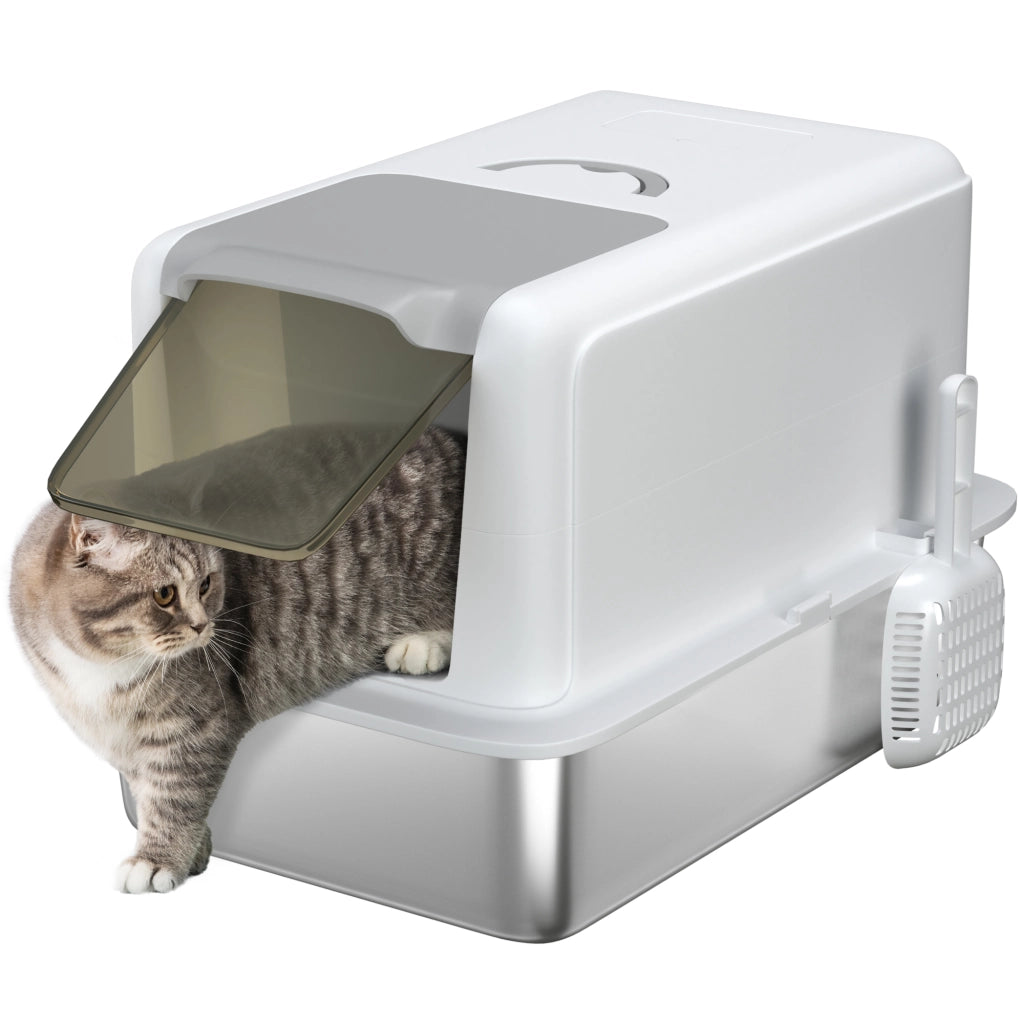 Lettiera per Gatti Chiusa 40,5x60,5x41,5 cm con Vassoio in Acciaio in PP Bianco e Argento
