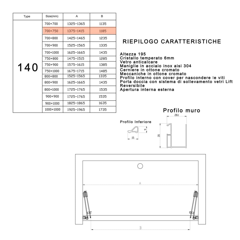 Porta doccia pieghevole ingresso centrale h195cm 6mm rea, misura 140