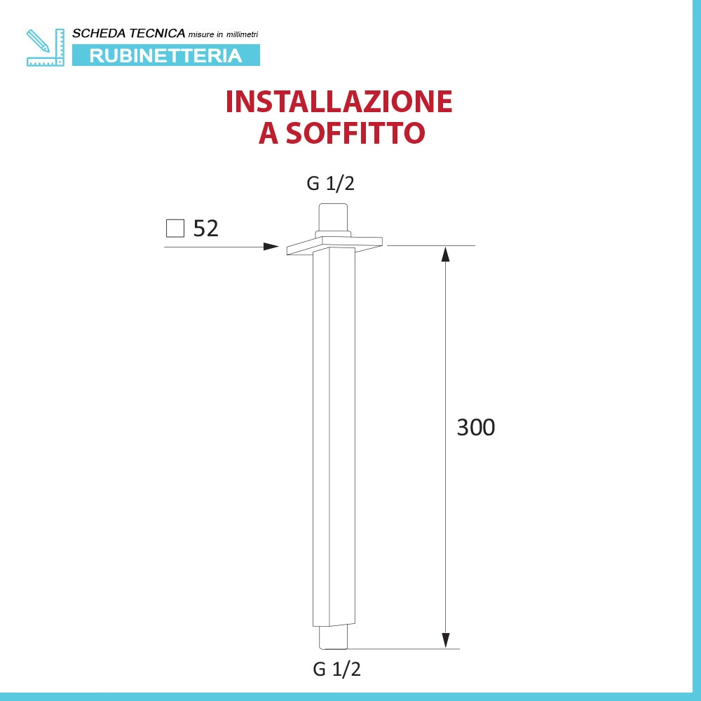 Braccio doccia verticale in ottone cromato 30 cm design quadrato Rubinetterie Mariani