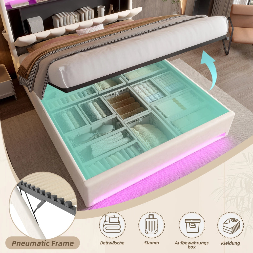 LETTO Contenitore 140x200 cm in velluto beige con LED e USB-C