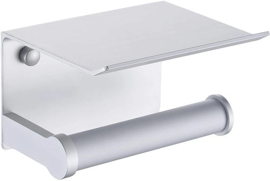 Sostegno per il water con piastra di supporto – fissaggio alla parete (alluminio, argento) – design 2 in 1 per bagni | Adesivo 3M e fissaggio a viti | Inox, spazio di stoccaggio per smartphone e accessori