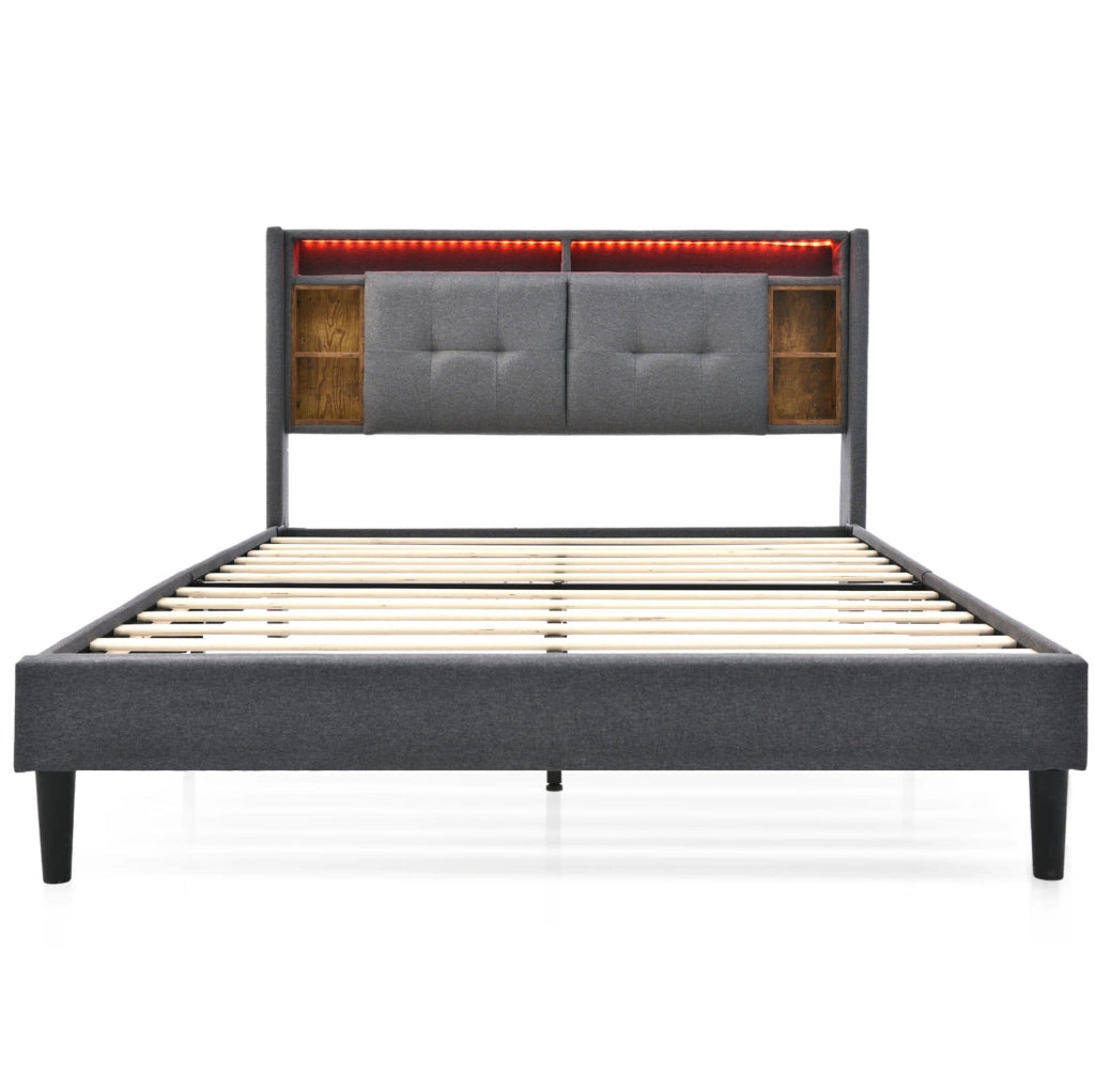 Letto matrimoniale imbottito 160x200 cm con testiera contenitore; LED; USB e prese; grigio