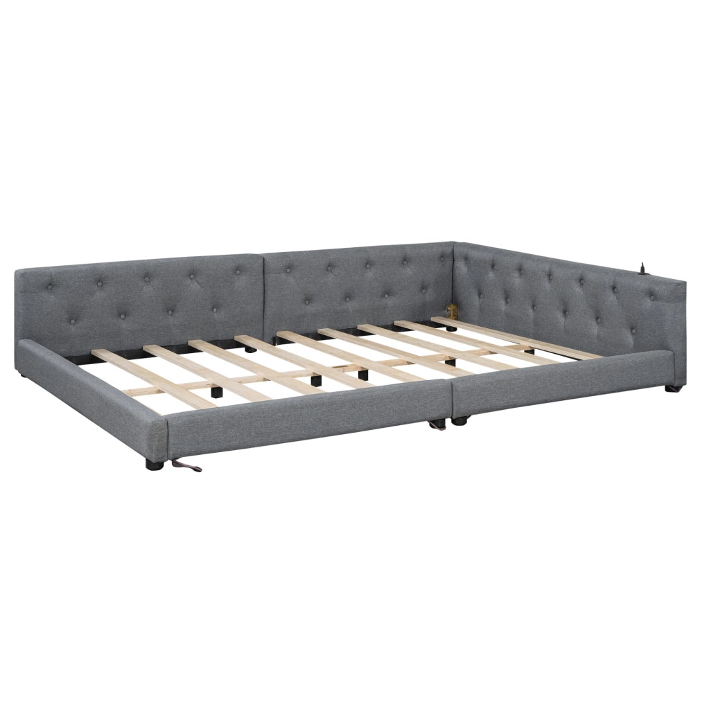 Letto 140x200 cm con LED; USB e Type-C in lino grigio