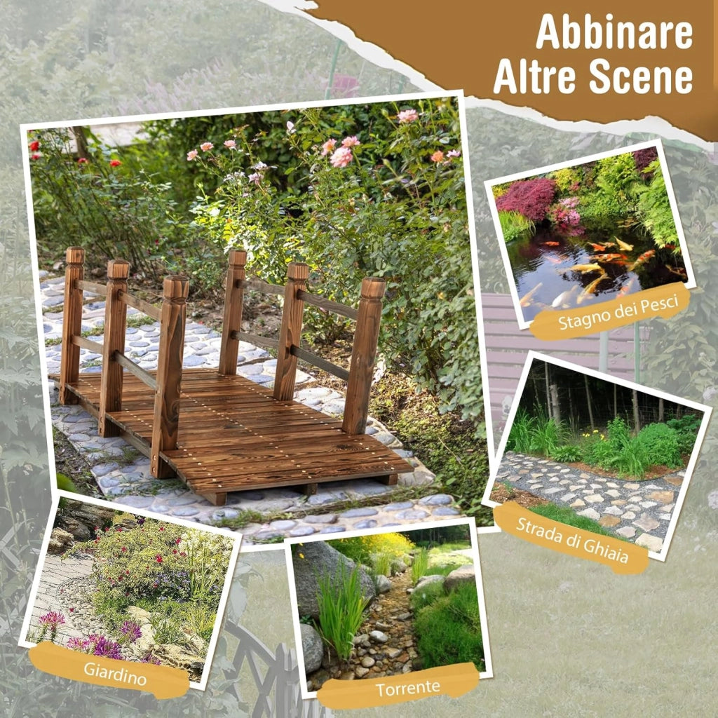 Ponte da Giardino in Legno, Ponte Decorativo ad Arco con Doppie Sbarre di Sicurezza, Struttura in Abete per Percorso Esterno per Cortile, Strada di Ghiaia, Ruscello, Fattoria (Legno)