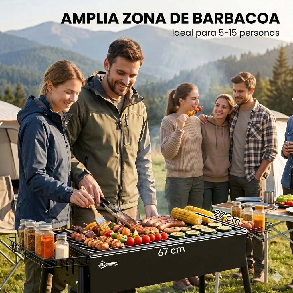 Barbecue a Carbone Portatile ¨C Xylo ¨C 2 Griglie Acciaio Inox, 2 Portaspezie, 94x39x70 cm, Nero