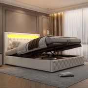 OKWISH Letto Contenitore 140×200 cm, Letto Matrimoniale con Contenitore, LED Regolabile e Telecomando, senza Materasso, in PU, Bianco