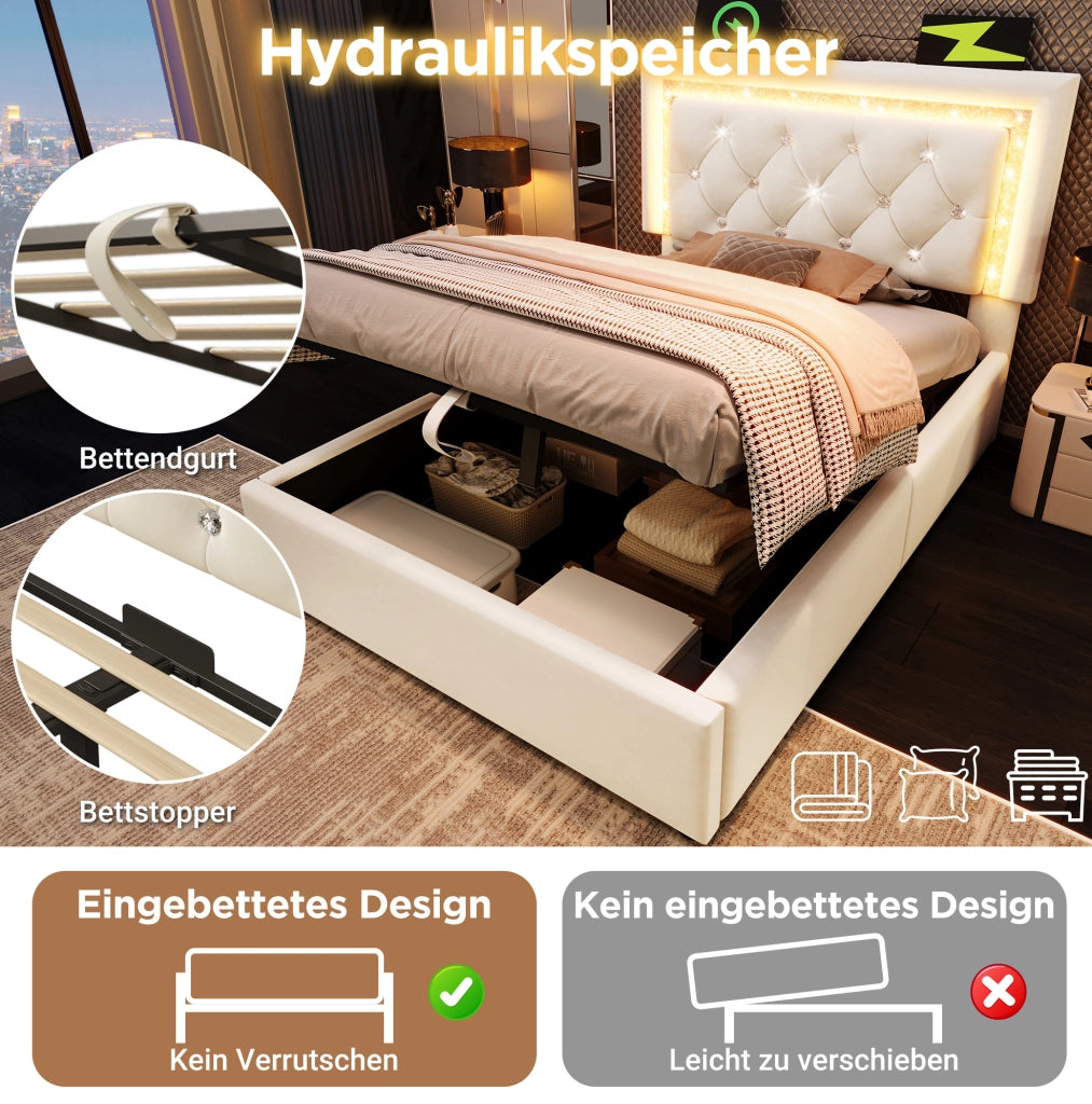 Letto imbottito con LED, USB e contenitore, beige, 90x200 cm