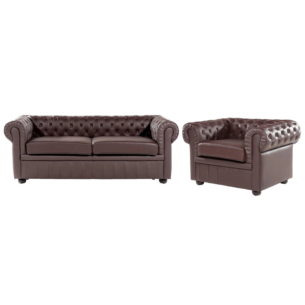 Set soggiorno Chesterfield Rivestimento in pelle marrone Gambe in legno scuro Divano a 3 posti + poltrona contemporanea