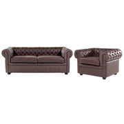 Set soggiorno Chesterfield Rivestimento in pelle marrone Gambe in legno scuro Divano a 3 posti + poltrona contemporanea