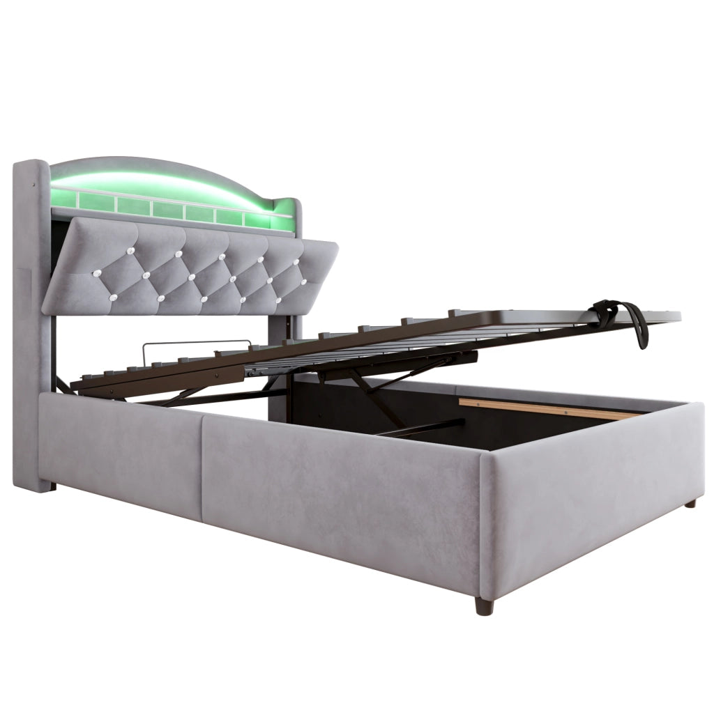 Letto contenitore 90x200 cm in velluto grigio con LED; USB e vano portaoggetti