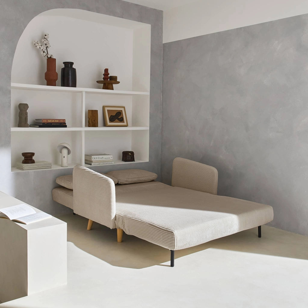 Divano letto in velluto a coste con gambe in legno, 2 posti, beige