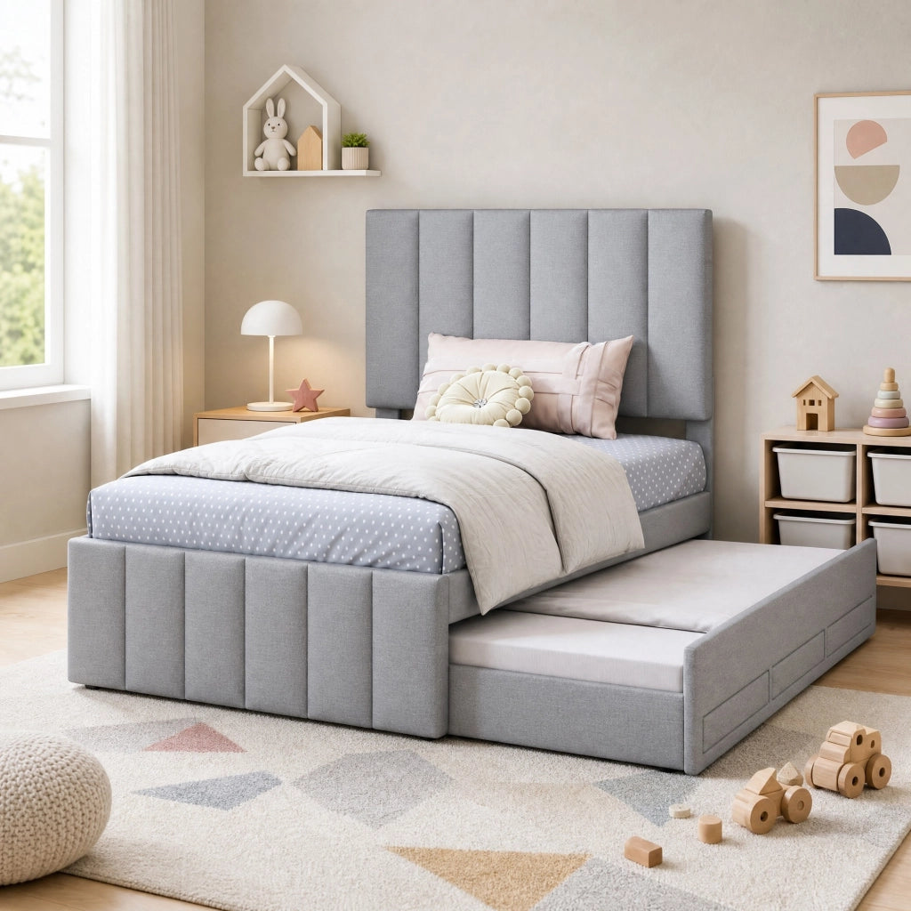 Letto imbottito grigio 90x200 cm con letto estraibile e 3 cassetti