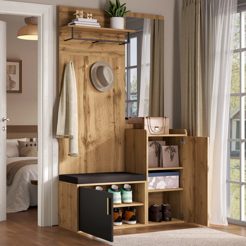Mobile Ingresso con Specchio e Panca; Scarpiera con 1 Anta; Ganci e Ripiano; Stile Moderno; in Pannelli di Particelle; Nero e Rovere; 100??38??185 cm