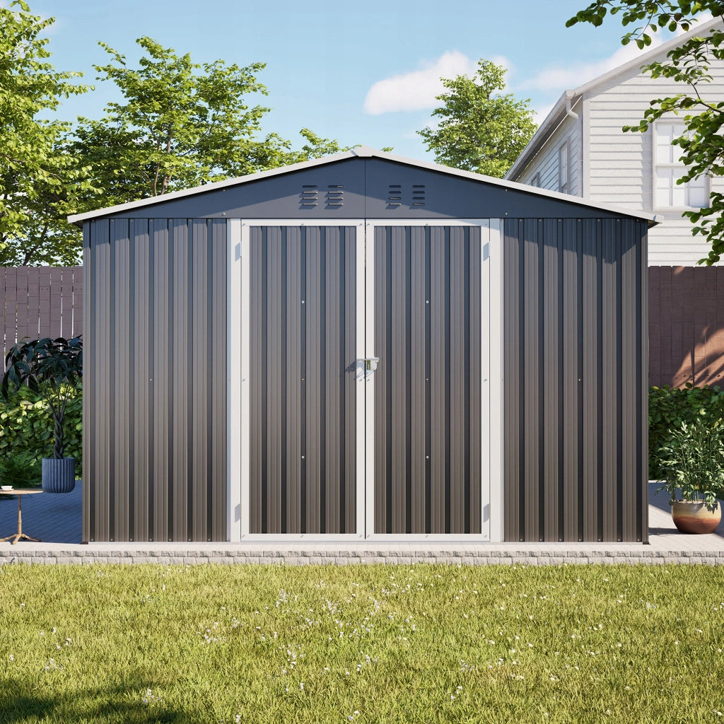 Casetta da Giardino Metallica Grigia Con Cornice di Base Porta Serrabile Resistente Intemperie 300x311x200cm