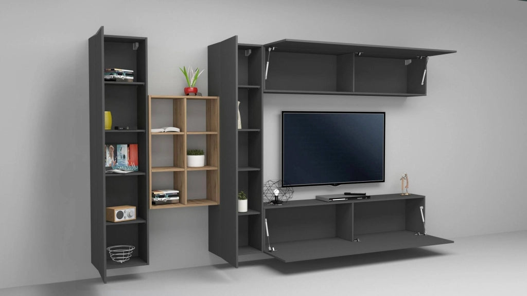 Parete attrezzata Agna, Set salotto porta TV a 4 ante, Mobile soggiorno multiuso, 100% Made in Italy, cm 280x30h180, Antracite e Acero