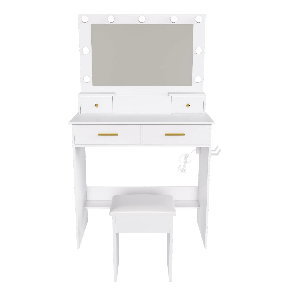 Toeletta con 4 cassetti; specchio LED; presa integrata e porta phon per camera da letto; 80×40×137 cm